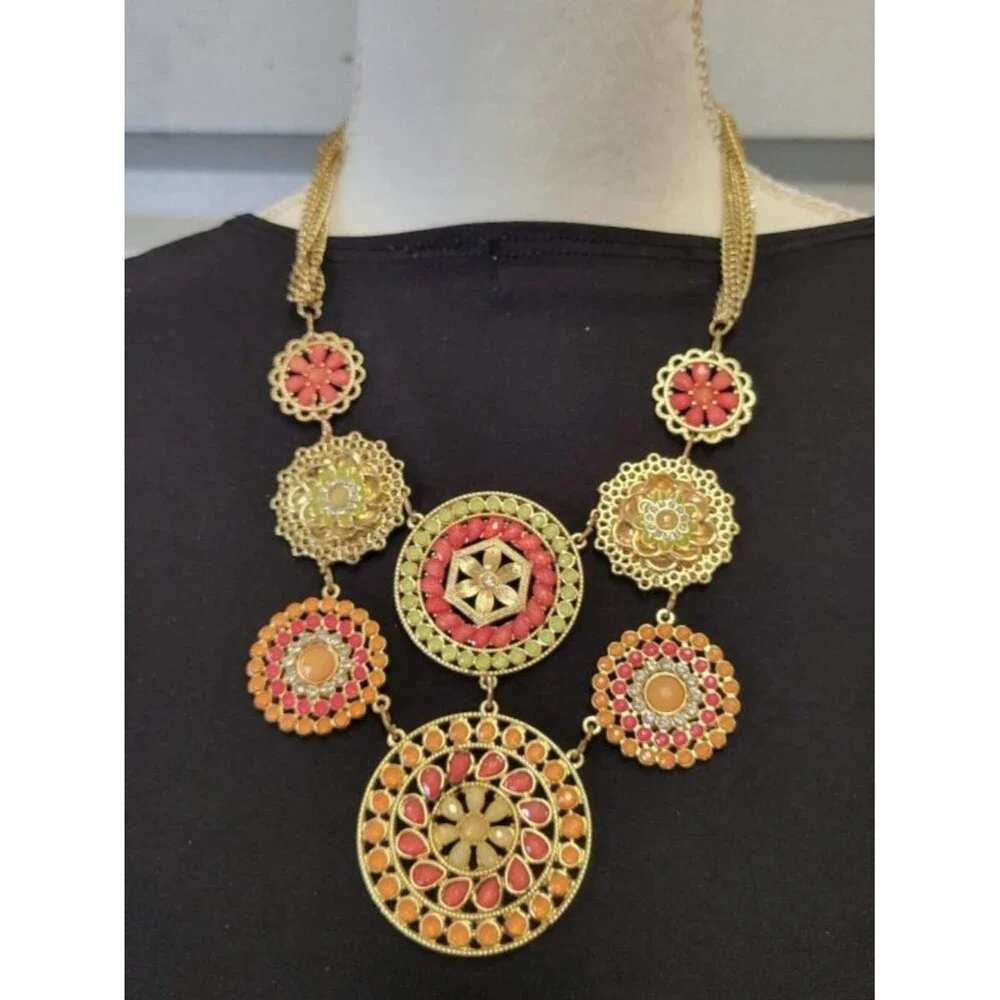 Vintage Mexican Bib Cascade Beaded Pendant Chain Necklace Orange Gold Green Red